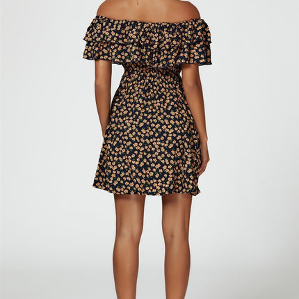 Floral Print Bardot Frill Mini Dress In Navy