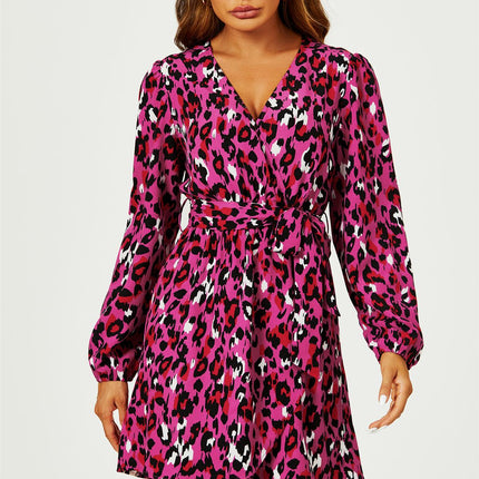 Leopard Print Wrap Top Mini Dress In Magenta