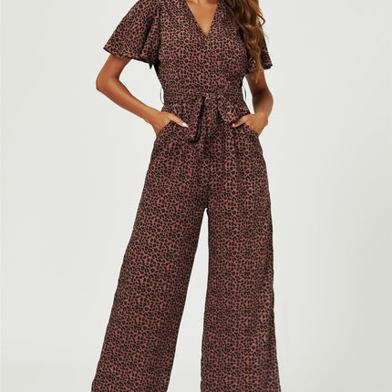 Leopard Print Wrap Top Jumpsuit In Rusty