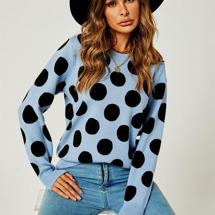 Comfy Knit Black Polka Dot Pattern Jumper Top In Blue