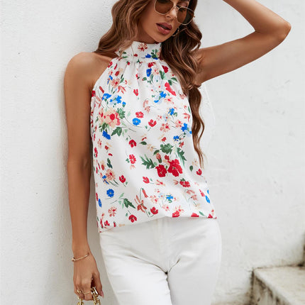 Multicolour Floral Print  Halter Neck Tie Back Top In White