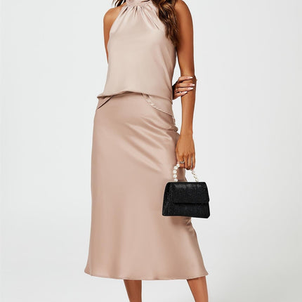 Satin Midi Skirt In Light Brown