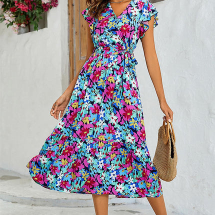 Multi Colour Floral Print Wrap Dress In Navy
