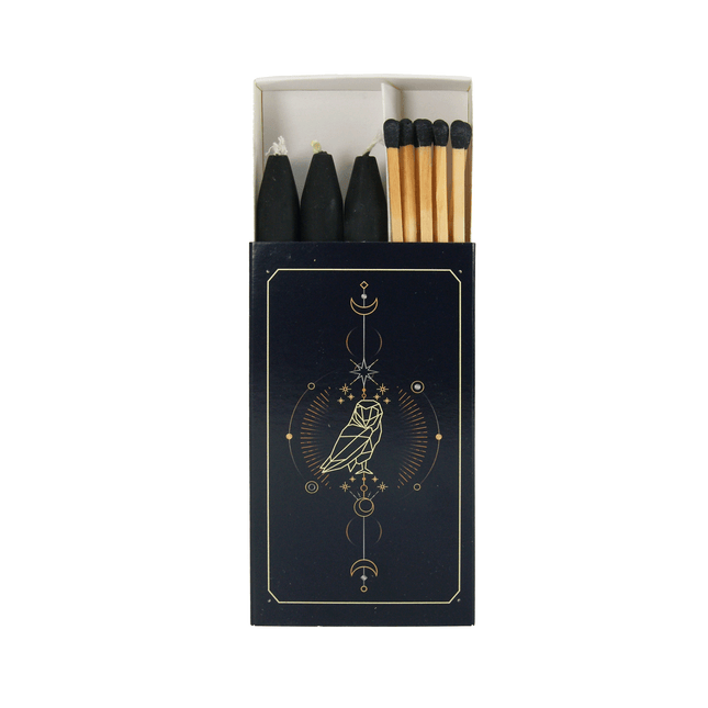 Ritual-Set „Die Eule – Hüterin der Geheimnisse“ – Schwarze Kerzen & lange Streichhölzer
