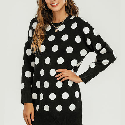 Knitted Tunic Mini Jumper Dress With Polka Dot Pattern
