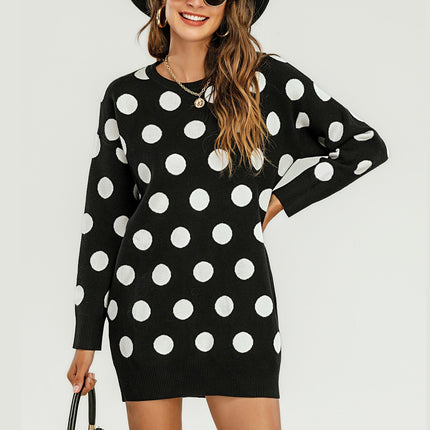 Knitted Tunic Mini Jumper Dress With Polka Dot Pattern