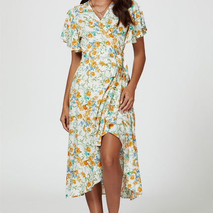 Floral Print Angel Sleeve Wrap Midi Dress In Yellow