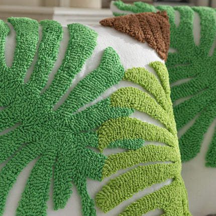 Kissenhülle  »Cottbus« LxB 45x45 cm Grün Frottee-Stickerei 100% Baumwolle Monstera Blattmuster hochwertiger Leinenstoff 202490K