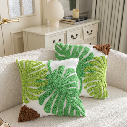 Kissenhülle  »Cottbus« LxB 45x45 cm Grün Frottee-Stickerei 100% Baumwolle Monstera Blattmuster hochwertiger Leinenstoff 202490K