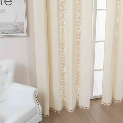 Vorhang Ösen »Osaka« HxB 245x140 cm Creme 100% Baumwolle Linenlook Makrameespitze Bommeln Raffhalter