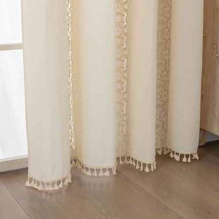 Vorhang Ösen »Osaka« HxB 245x140 cm Creme 100% Baumwolle Linenlook Makrameespitze Bommeln Raffhalter