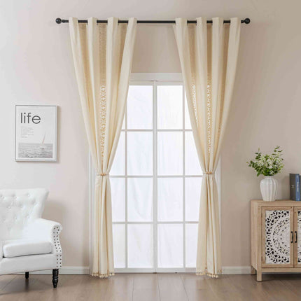 Vorhang Ösen »Osaka« HxB 245x140 cm Creme 100% Baumwolle Linenlook Makrameespitze Bommeln Raffhalter