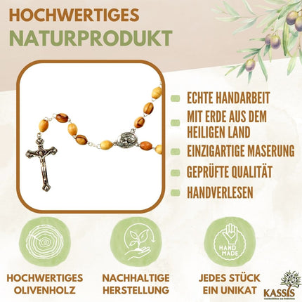 Rosenkranz mit ovalen Perlen aus Metall & Erde | Gebetskette mit Kreuz als Geschenk zur Taufe, Kommunion & Firmung