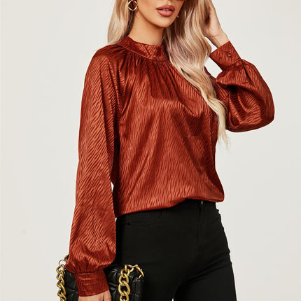 Halter Neck Satin Long Sleeve Blouse Top In Copper Red