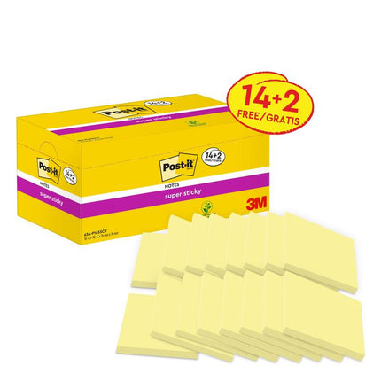 Post-it® Super Sticky Notes, Gelb, 76 mm x 76 mm, Promotion, 90 Blatt/Block, 14 Blöcke + 2 Gratis/Packung, 100% PEFC, SGSCH-PEFC-COC-110078 | Packung (1 Stück)