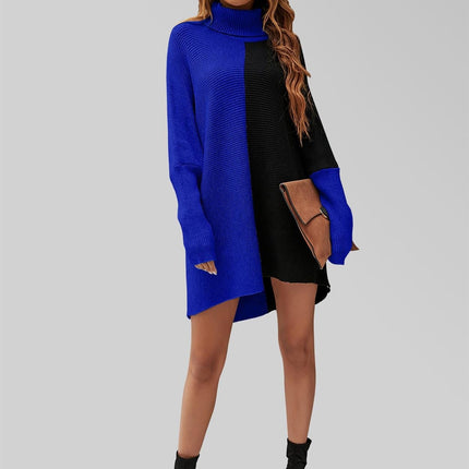 High Neck Half Forest Blue & Black Block Colour Jumper Top