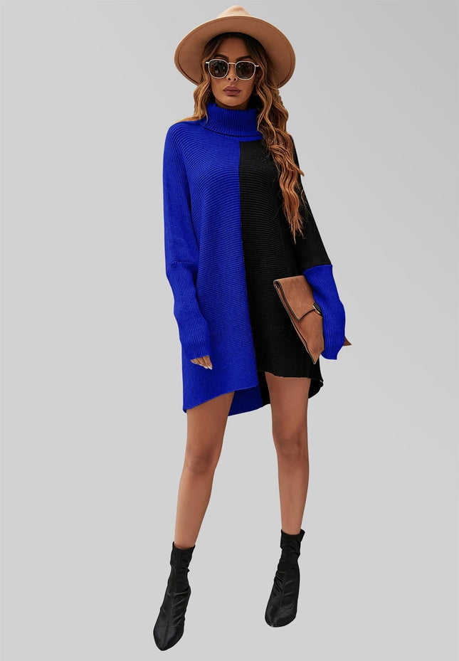 High Neck Half Forest Blue & Black Block Colour Jumper Top