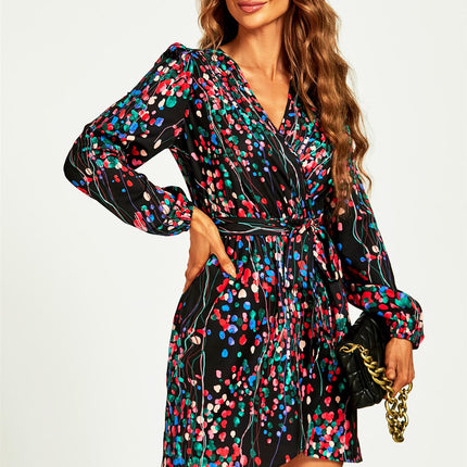 Abstract Floral Print Wrap Mini Dress In Black