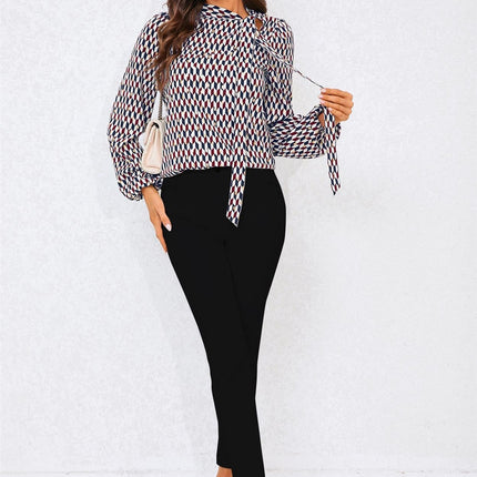 Geo Print Side Tie Blouse Top In Wine