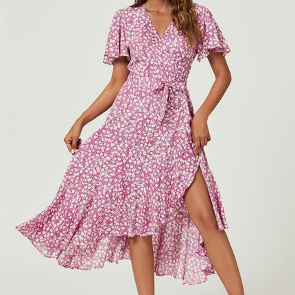 Floral Print Midi Wrap Dress In Pink