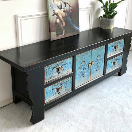 Vintage Asia Asiatisches Lowboard Kommode Bank Türkis-Schwarz - Art. 35208-5