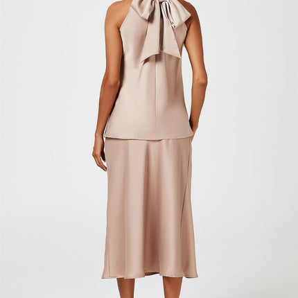 Satin Halter Neck Tie Back Top In Light Brown