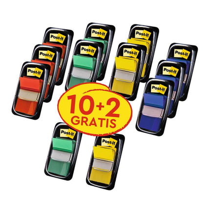 Post-it® Index Haftstreifen, Standard, Verschiedene Farben, 25.4 mm x 43.2 mm, Promotion, 50 Haftstreifen/Spender, 10 Spender + 2 Gratis/Packung | Packung (1 Set)