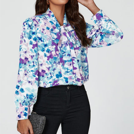 Abstract Floral Print Tie Detail long sleeve Blouse Top In Blue