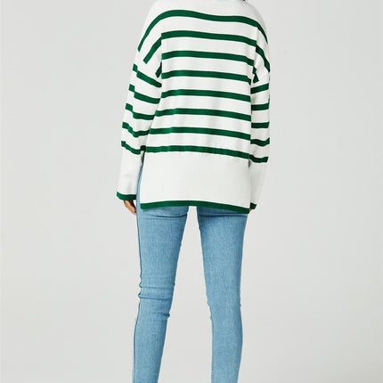 Stripes Pattern Turtleneck Jumper Top In Green