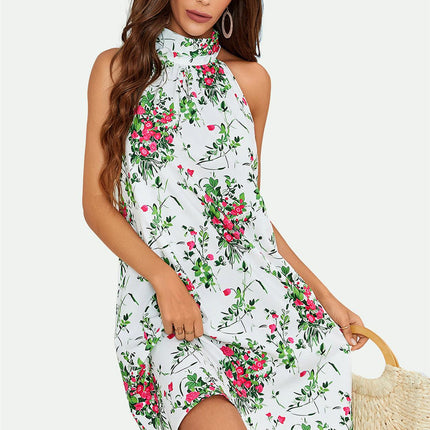 Pink Floral Print Halter Neck Tie Back Mini Dress In White