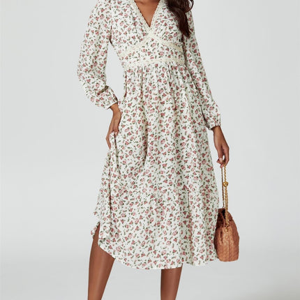 Floral Print Long Sleeve Midi Dress In White
