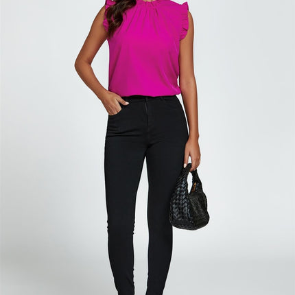 Frill Trim Sleeve Frill Neck Blouse Top In Magenta