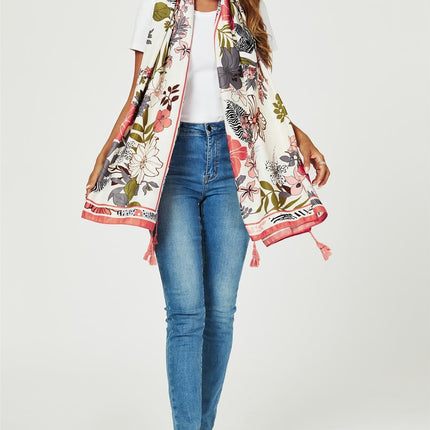 Tropical Floral Print Tassel Scarf In Pink