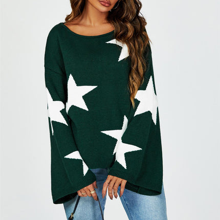 Wide Sleeve Oversize Dark Green Jumper With White Star