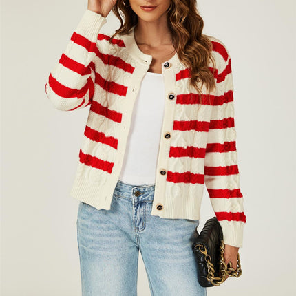 Stripe Pattern Knitted Cardigan In Red