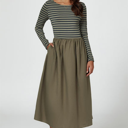 Long Sleeve Stripe Midi Dress In Olive
