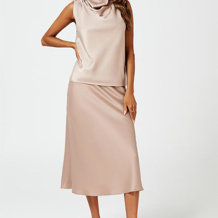 Satin High Neck Sleeveless Blouse In Light Brown