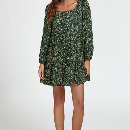 Little Floral Print Square Neck Mini Dress In Olive Green