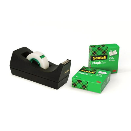 Scotch™ Schreibtisch-Klebebandabroller C38, Schwarz + Scotch® Magic™ Unsichtbares Klebeband, 19 mm x 33 m, 3 Rollen/Packung | Packung (1 Stück)