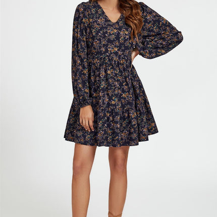 Little Floral Print V Neck Mini Dress In Navy