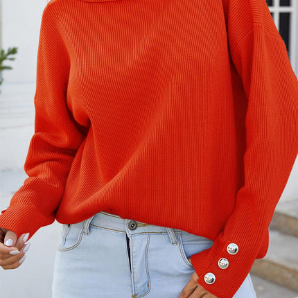 Button Detail On Sleeve Jumper Top With High Neck In Orange Red