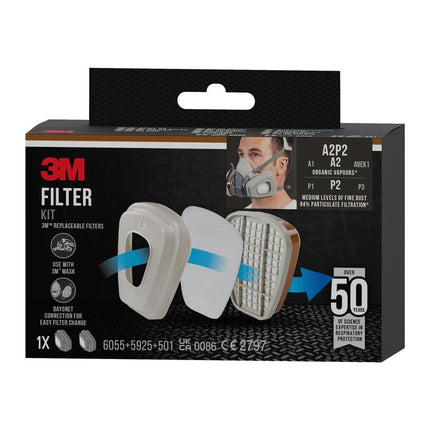 Auslaufartikel: 3M™ Filtersatz 6002-1, A2P2 organische Dämpfe (2x6055, 2x5925, 2x501) | Packung (1 Stück)