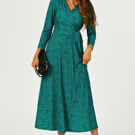 Green Leopard Print Wrap Top Midaxi Dress