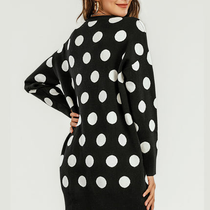 Knitted Tunic Mini Jumper Dress With Polka Dot Pattern