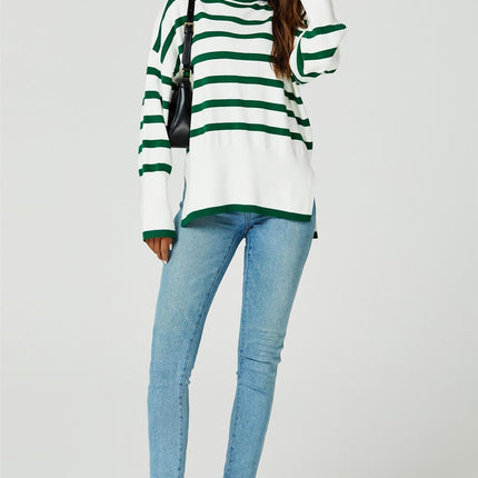 Stripes Pattern Turtleneck Jumper Top In Green