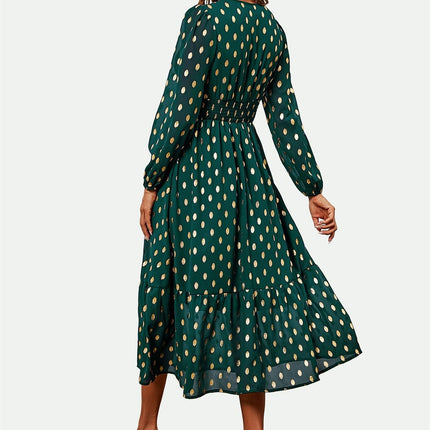 Lace Trim Foil Long Sleeve Maxi Dress In Green