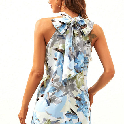 Floral Print  Halter Neck Tie Back Top In Grey Blue