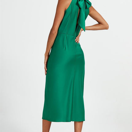 Satin Halter Neck Tie Back Midi Dress In Green