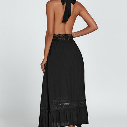 Lace Detail Adjustable Deep V Neckline Maxi Dress In Black