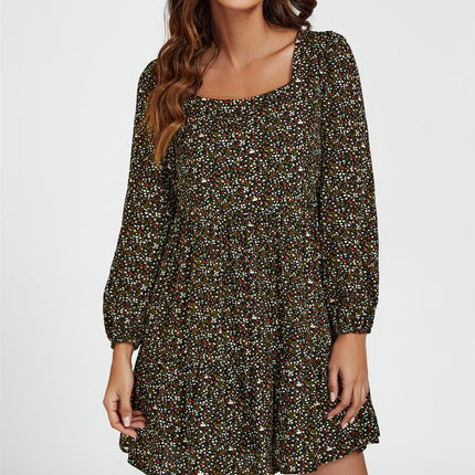 Little Floral Print Square Neck Mini Dress In Black
